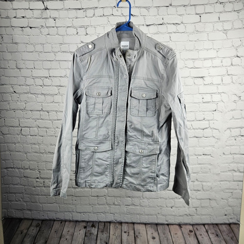 Kensie Jeans Womens Gray Utility Military Jacket Full Zip Pockets Size L